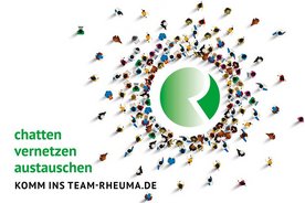Menschen laufen auf das Rheuma-Liga Logo zu: Werbung für die Austauschplattform Team Rheuma