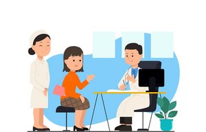 Die Illustration zeigt eine Patientin mit einem Arzt im Gespräch.