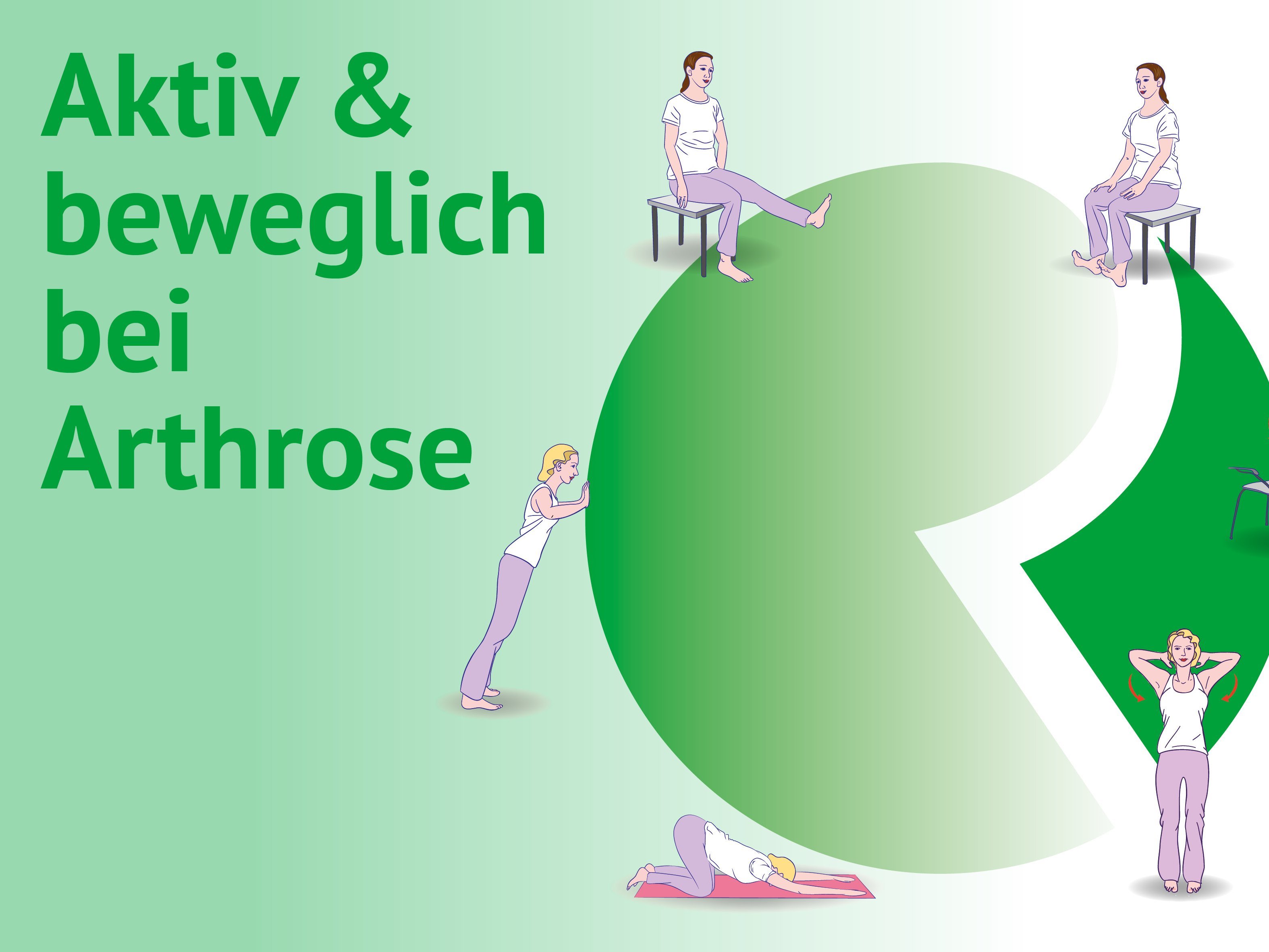 Eine Illustration des Logos der Deutschen Rheuma-Liga mit Frauen, die Bewegungsübungen machen, und dem Schriftzug "Aktiv und beweglich bei Arthrose"