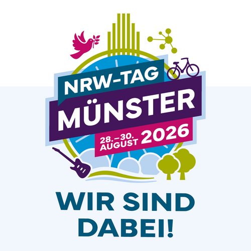 Logo des NRW-Tags in Münster mit dem Schriftzug "Wir sind dabei"