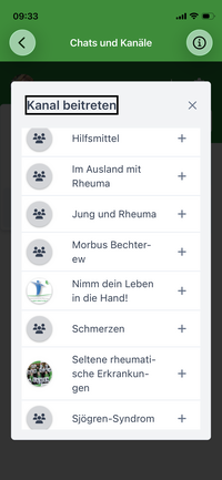 Screenshot der Oberfläche der Team Rheuma, auf dem einige der Themenkanäle der App zu sehen sind