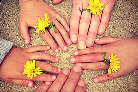 Symbolbild: Kinder- und Erwachsenenhände mit Butterblume am Finger